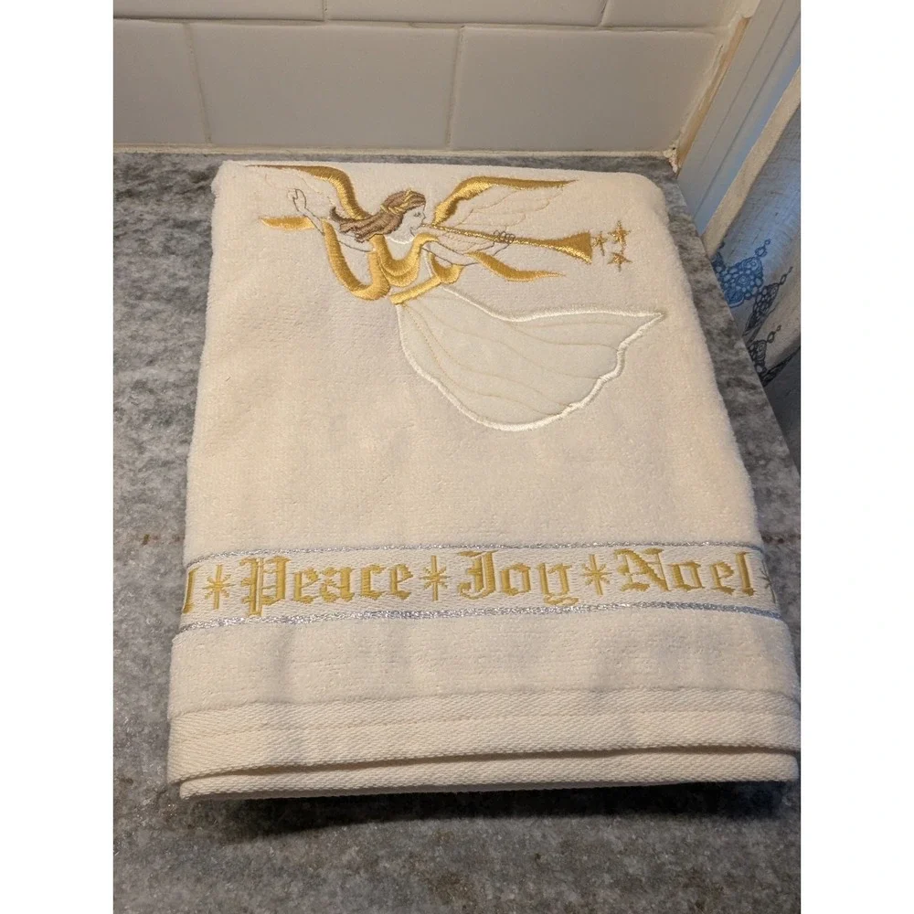 Santens Vtg Christmas Cream Towel Set -Angels, Stars Season's Greetings USA Made